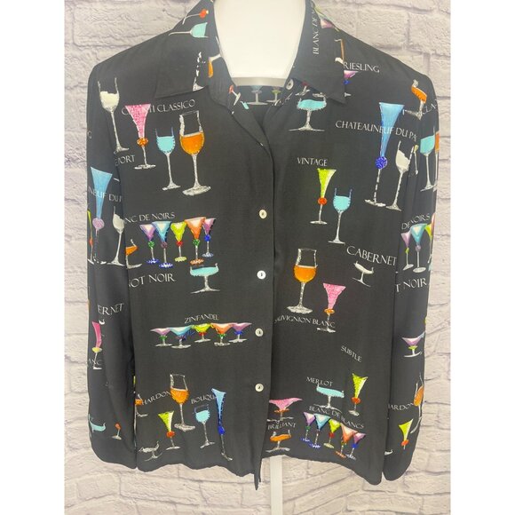Nicole Taylor Silk Blouse Art Deco Blouse Cocktail Drink Print MED long sleeve - Picture 8 of 9